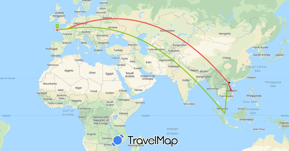 TravelMap itinerary: driving, hiking, electric vehicle in France, Singapore, Vietnam (Asia, Europe)